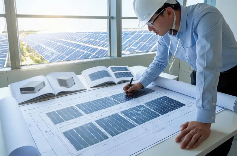 Solar project engineer reviewing renewable energy equipment plans